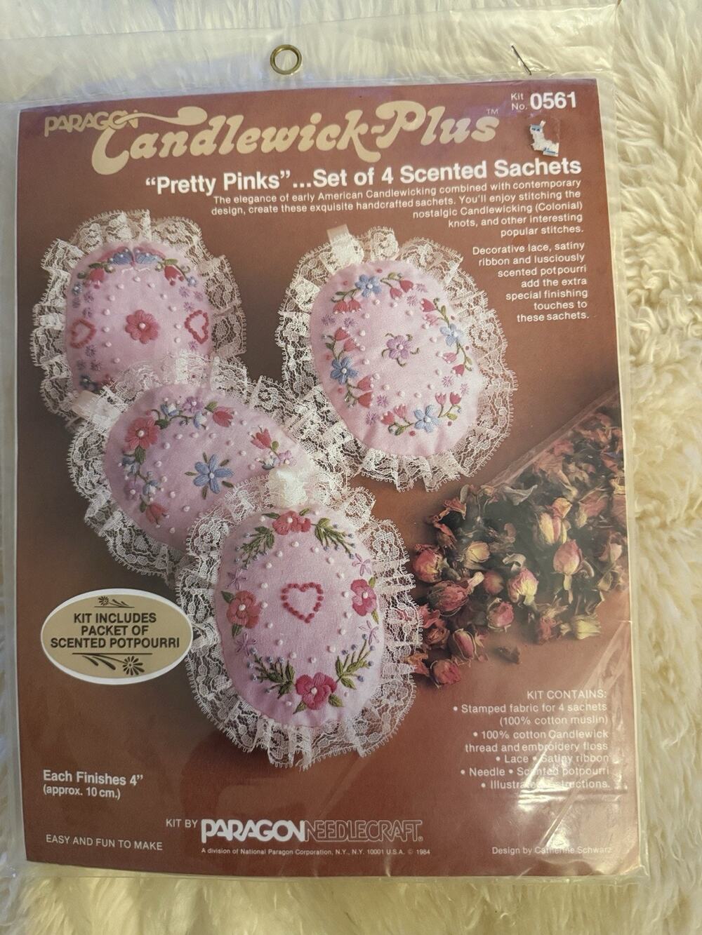 Paragon Candlewick-Plus Pretty Pinks Sachets Set Of 4 Embroidery Kit 0561 Sealed